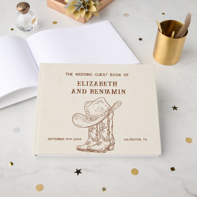 Livre D'or Modern Western Cowboy Boots and Hat Barn Wedding (Recto ouvert)