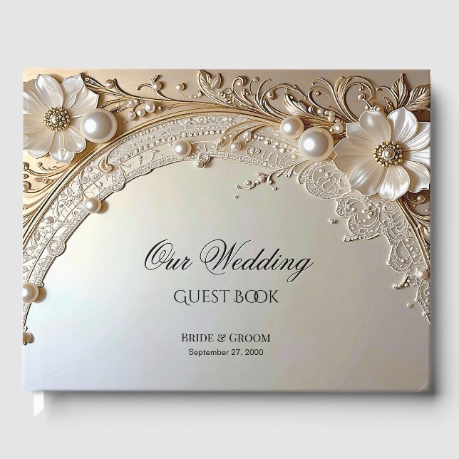 Livre D'or Modern White Flowers Pearls Guest Book (Recto)