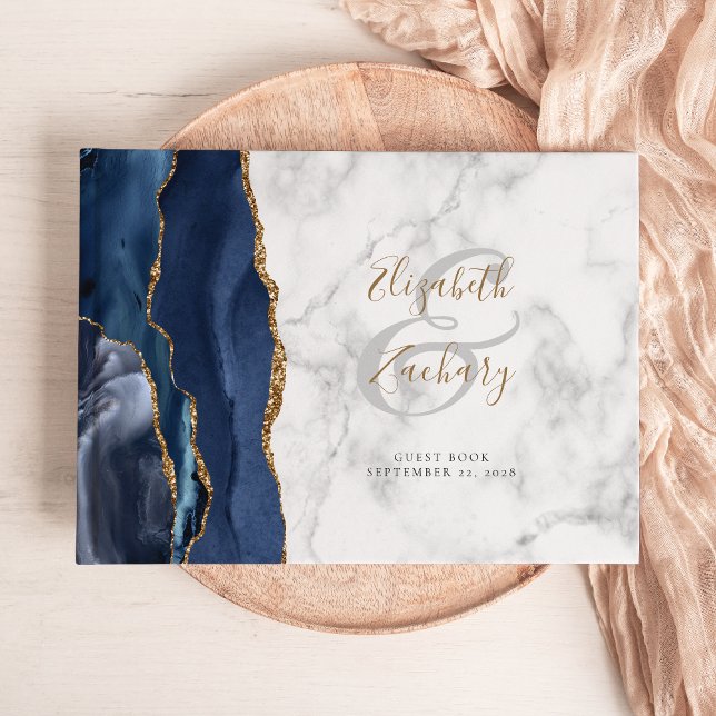 Livre D'or Moderne Bleu Nuit Or Agate Marbre Script (Créateur téléchargé)