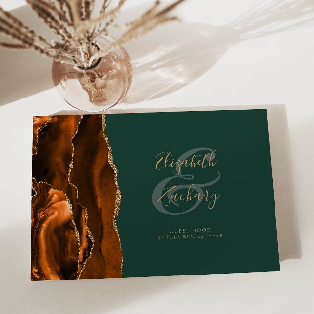 Livre D'or Moderne Burning Orange Agate Or Script Vert (Créateur téléchargé)