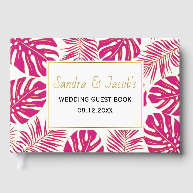 Livre D'or Moderne magenta rose, or tropical feuille mariage (Recto)