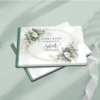 Livre D'or Moderne Sweet 16 vert or eucalyptus floral invité
