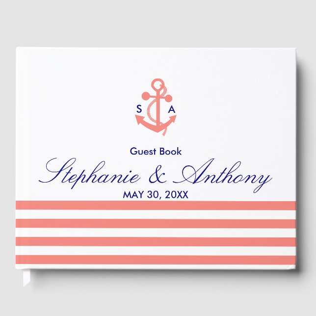 Livre D'or Monogramme Coral rose Nautique et Mariage bleu mar (Recto)