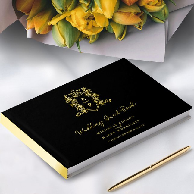 Livre D'or Monogramme crest or noir mariage invité (Créateur téléchargé)