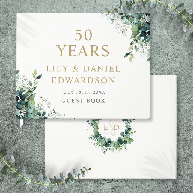 Livre D'or Monogramme de feuillage d'eucalyptus 50e anniversa (Eucalyptus Greenery Monogram 50th Anniversary Guest Book)
