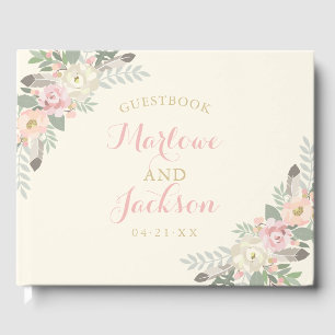 Livre D'or Monogramme de mariage Bohème Floral Plume Ivoire