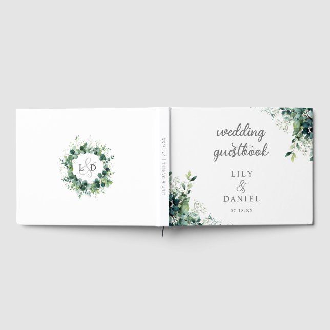 Livre D'or Monogramme de mariage moderne avec eucalyptus rust (Complet)