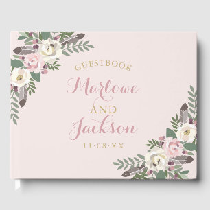 Livre D'or Monogramme de mariage rose bohème floral à plumes