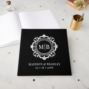 Livre D'or Monogramme Floral Orné Mariage Élégant noir blanc