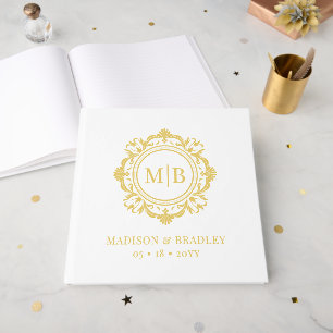 Livre D'or Monogramme Floral Orné Mariage Élégant Or Blanc