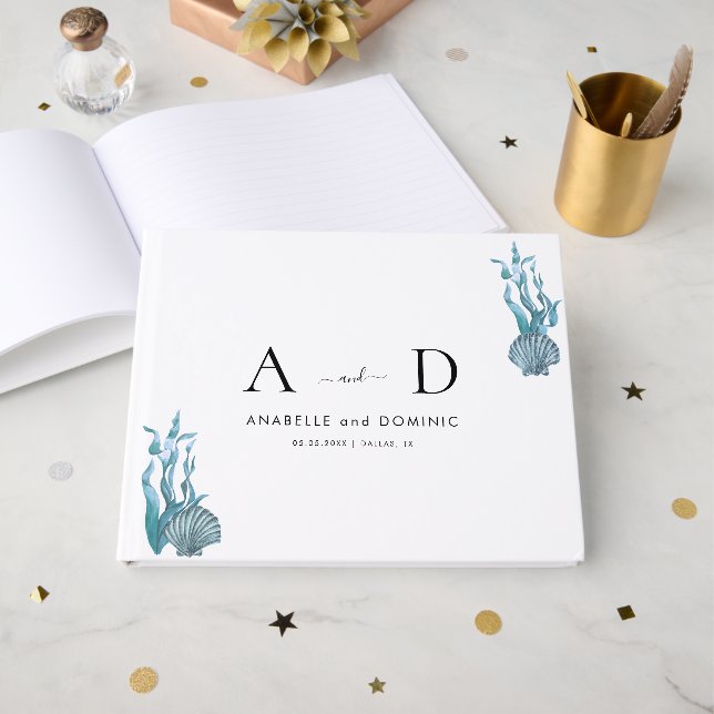 Livre D'or Monogramme Mariage de coquillages bleu marine (Recto ouvert)