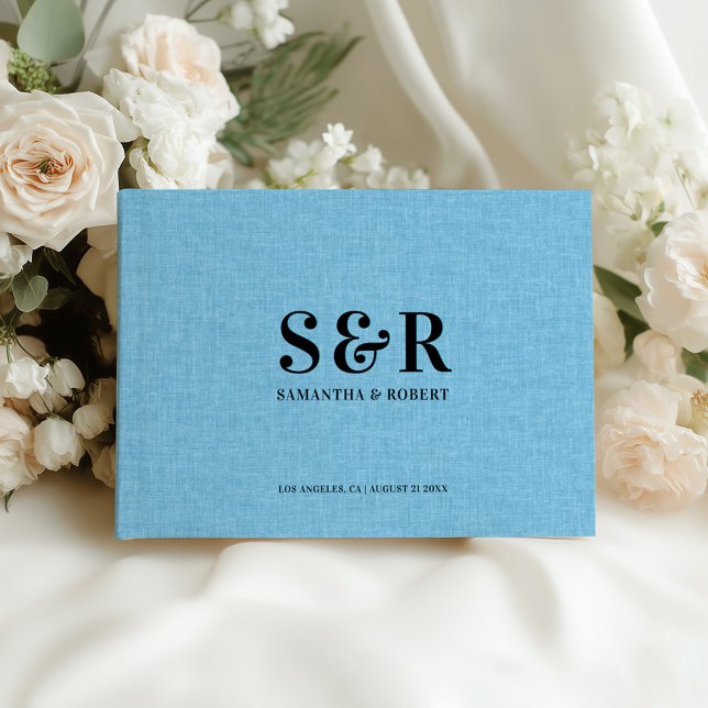 Livre D'or Monogramme Mariage de lin bleu clair (Créateur téléchargé)