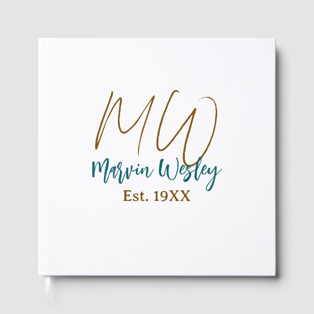 Livre D'or Monogramme marron bleu turquoise année simple mini (Recto)