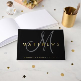 Livre D'or Monogramme minimaliste moderne noir gris Mariage o