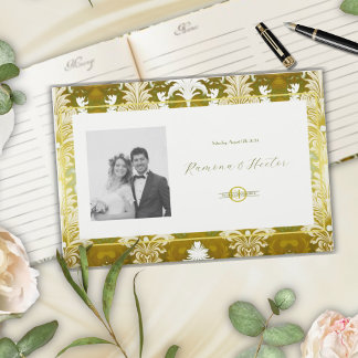 Livre D'or Monogramme photo Retro Gold Green Mariage damassé