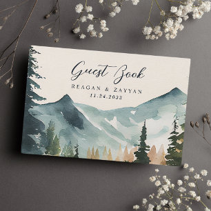 Livre D'or Montagnes et pins à l'aquarelle Mariage rustique