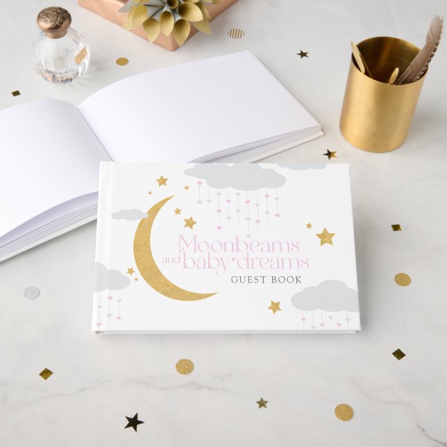 Livre D'or Moonbeams and baby dreams pink baby shower  (Recto ouvert)