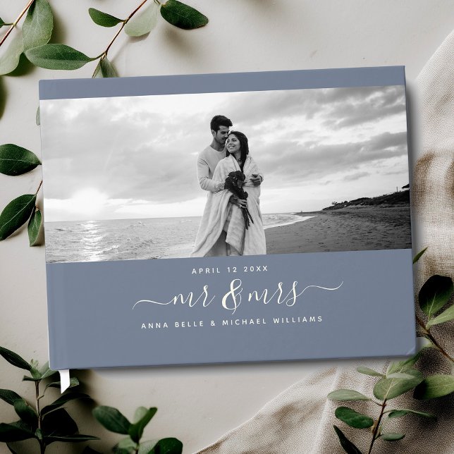 Livre D'or Mr & Mrs Elegant Script Dusty Blue Photo Mariage (Créateur téléchargé)