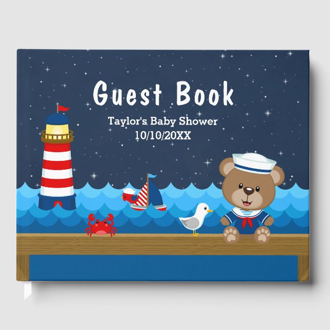 Livre D'or Nautical Boy Bear Baby shower rouge et marine (Recto)