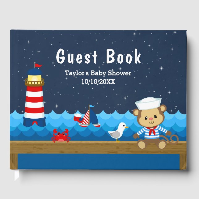 Livre D'or Nautical Boy Monkey Rouge et Baby shower de marine (Recto)