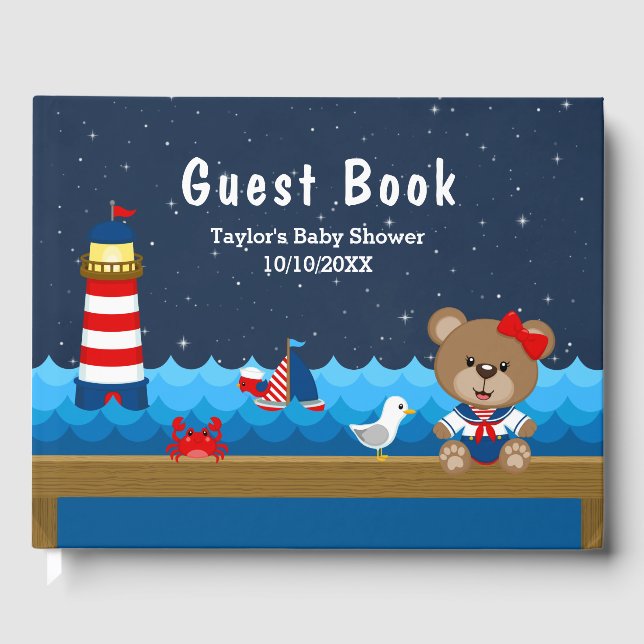 Livre D'or Nautical Girl Bear Baby shower rouge et marine (Recto)