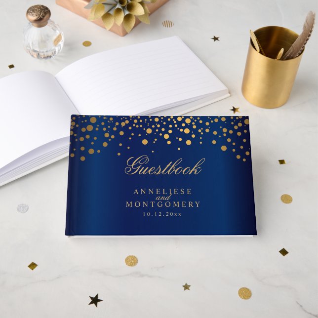 Livre D'or Navy Blue and Gold Confetti Dots (Recto ouvert)