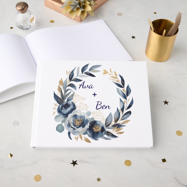 Livre D'or Navy Blue and Gold Peony Flower Wedding (Recto ouvert)