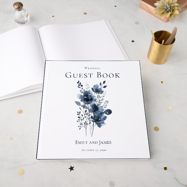 Livre D'or Navy Blue Botanical Wedding (Recto ouvert)