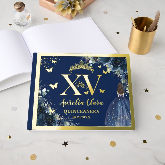Livre D'or Navy Blue Floral Quinceañera Quince XV 15 Gold (Recto ouvert)