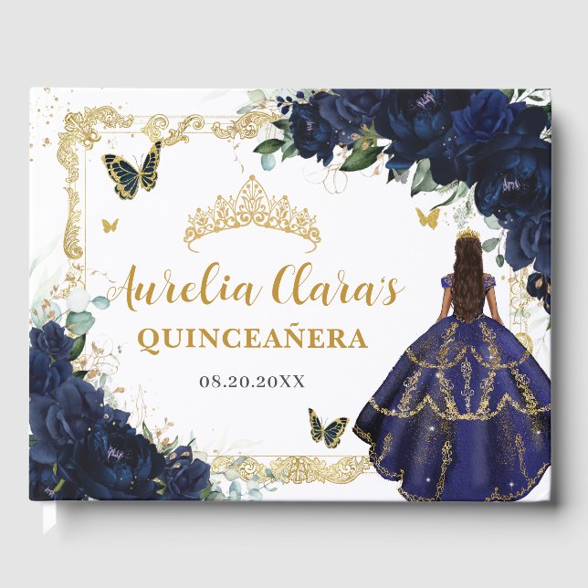Livre D'or Navy Blue Roses Floral Princess Gold Quinceanera (Recto)