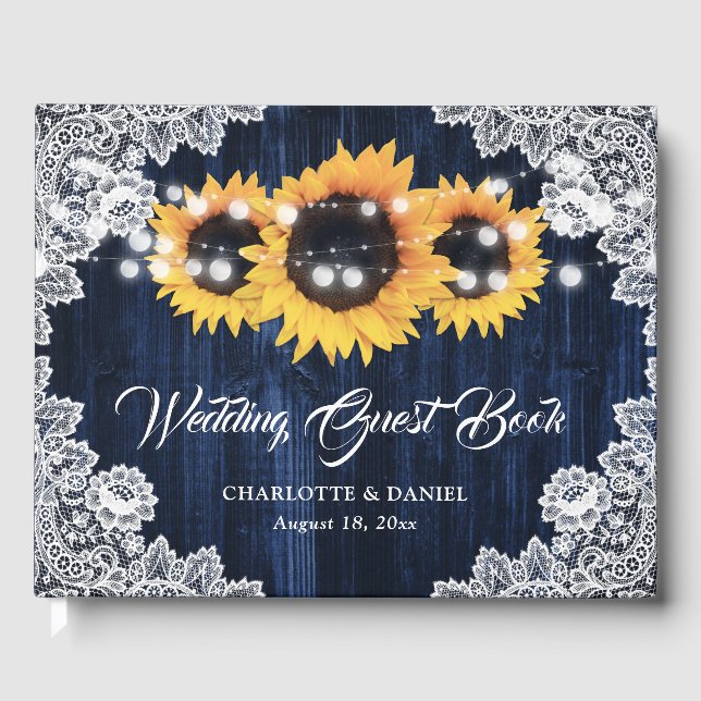 Livre D'or Navy Blue Sunflower Wood Floral Lace Wedding (Recto)