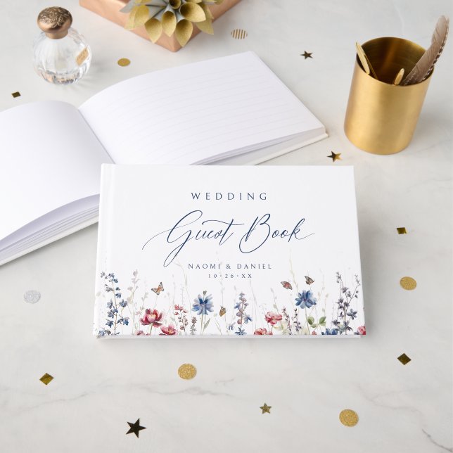 Livre D'or Navy Blue Wildflower Field Rustic Wedding (Recto ouvert)