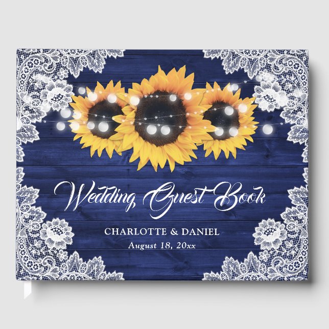 Livre D'or Navy Blue Wood Floral Lace Sunflower Wedding (Recto)