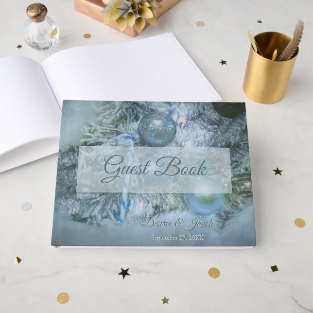 Livre D'or Noël Mariage d'hiver Ornements Arbre Turquoise ble (Recto ouvert)