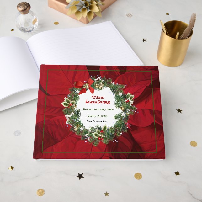 Livre D'or Noël Vacances Rouge Poinsettia Personnalisé (Recto ouvert)