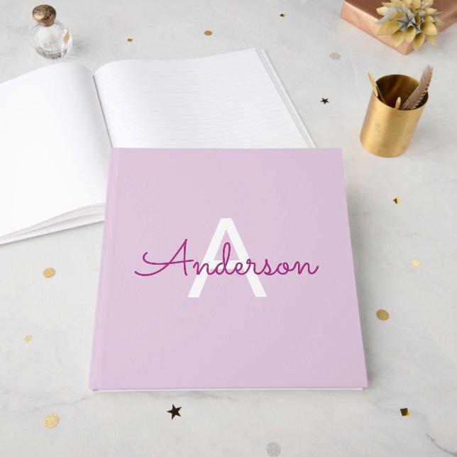 Livre D'or Nom de script & monogramme | Magenta & Violet clai (Recto ouvert)