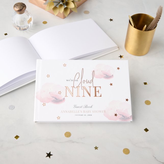 Livre D'or Nuage 9/Neuf Nuages Roses Baby shower fille (Recto ouvert)