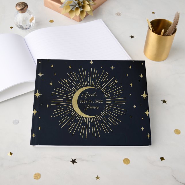 Livre D'or Nuit Étoiles Dorées Soleil Éclaté Lune (Recto ouvert)
