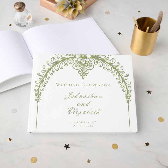 Livre D'or Olive Green French Flourish Arch Wedding (Recto ouvert)