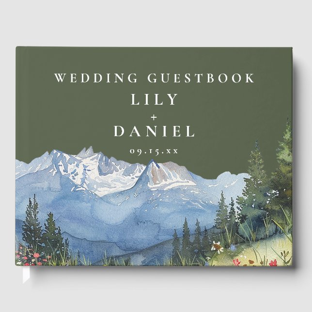 Livre D'or Olive Green Watercolor Mountain Wedding Photo (Recto)
