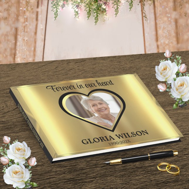 Livre D'or Or Bevellé Pour Toujours Dans Notre Coeur Funérail (Gold Beveled Forever In Our Heart Funeral Guest Book)
