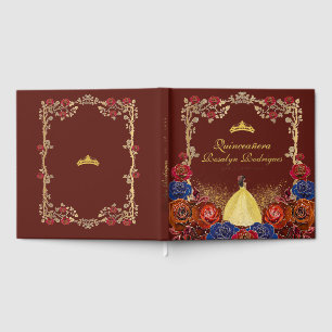 Livre D'or Or Quinceanera Luxe en feuille d'or et rouge 