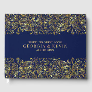 Livre D'or Or Sur La Dentelle De Paisley Florale Bleu Foncé
