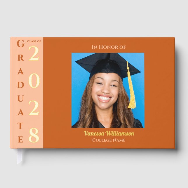 Livre D'or Orange Modern Photo Graduation Party Gold Foil Gue (Recto)