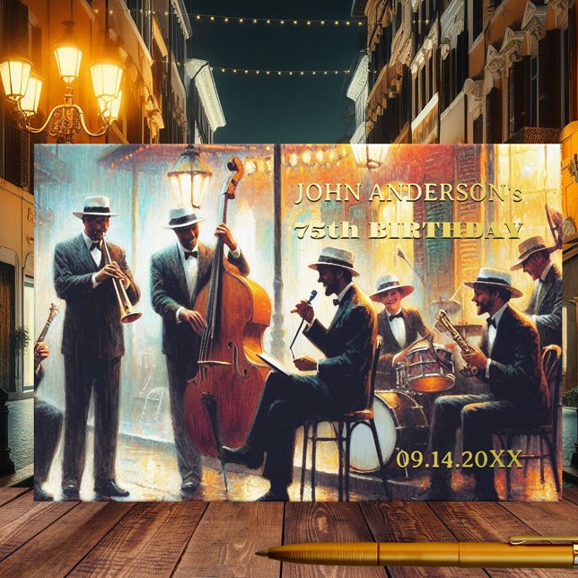 Livre D'or Orchestre de Jazz Artistique Musique Anniversaire  (Birthday guest book featuring a painting of a jazz music orchestra with real foil texts)