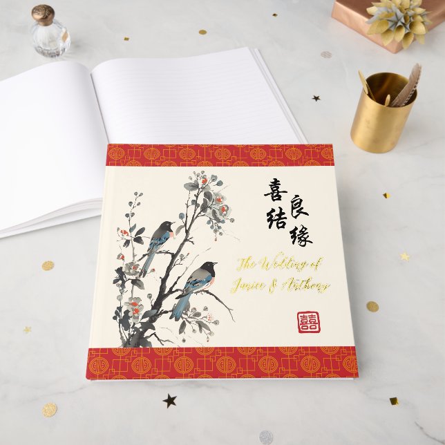 Livre D'or Oriental Flowers birds modern Chinese wedding  (Recto ouvert)