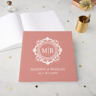 Livre D'or Orné Floral Monogramme Mariage Élégant Rose Or