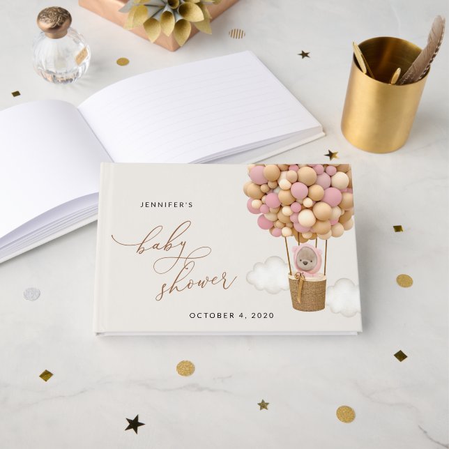 Livre D'or Ours, Ballons roses, Ballons à air chaud, Baby sho (Recto ouvert)