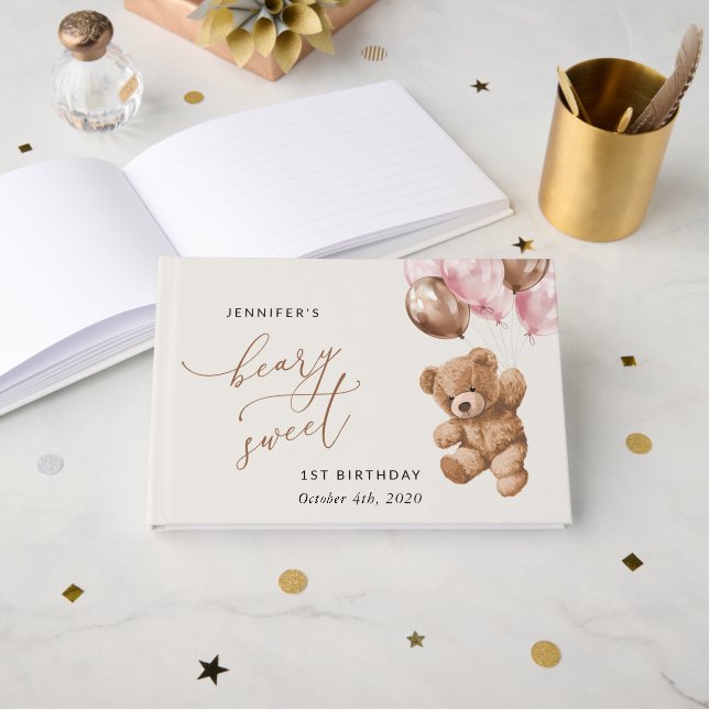Livre D'or Ours En Joue, Ballons Roses, Premier Anniversaire (Recto ouvert)