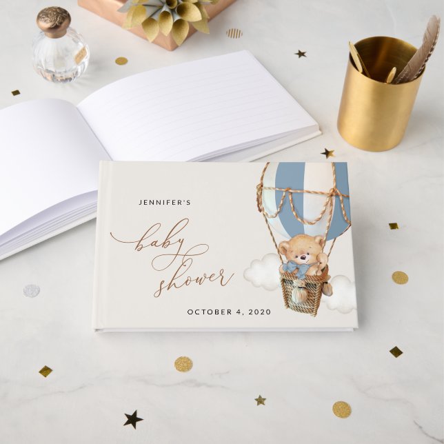 Livre D'or Ours en peluche, Bleu à air chaud, Baby shower (Recto ouvert)